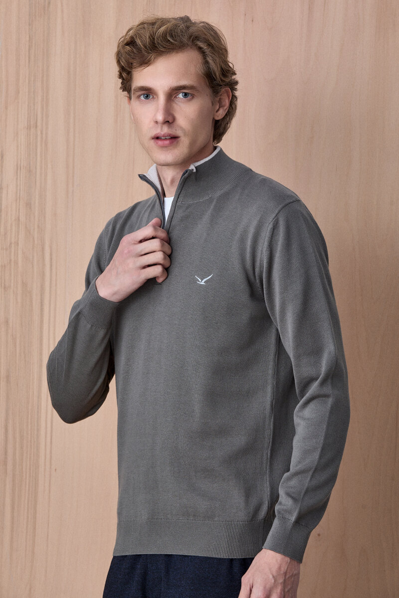 Koyu Bej %100 Pamuk Fermuarlı Kazak