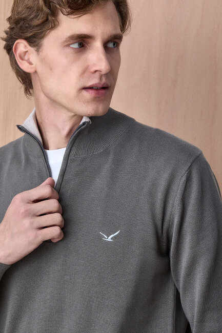 Koyu Bej %100 Pamuk Fermuarlı Kazak - 2