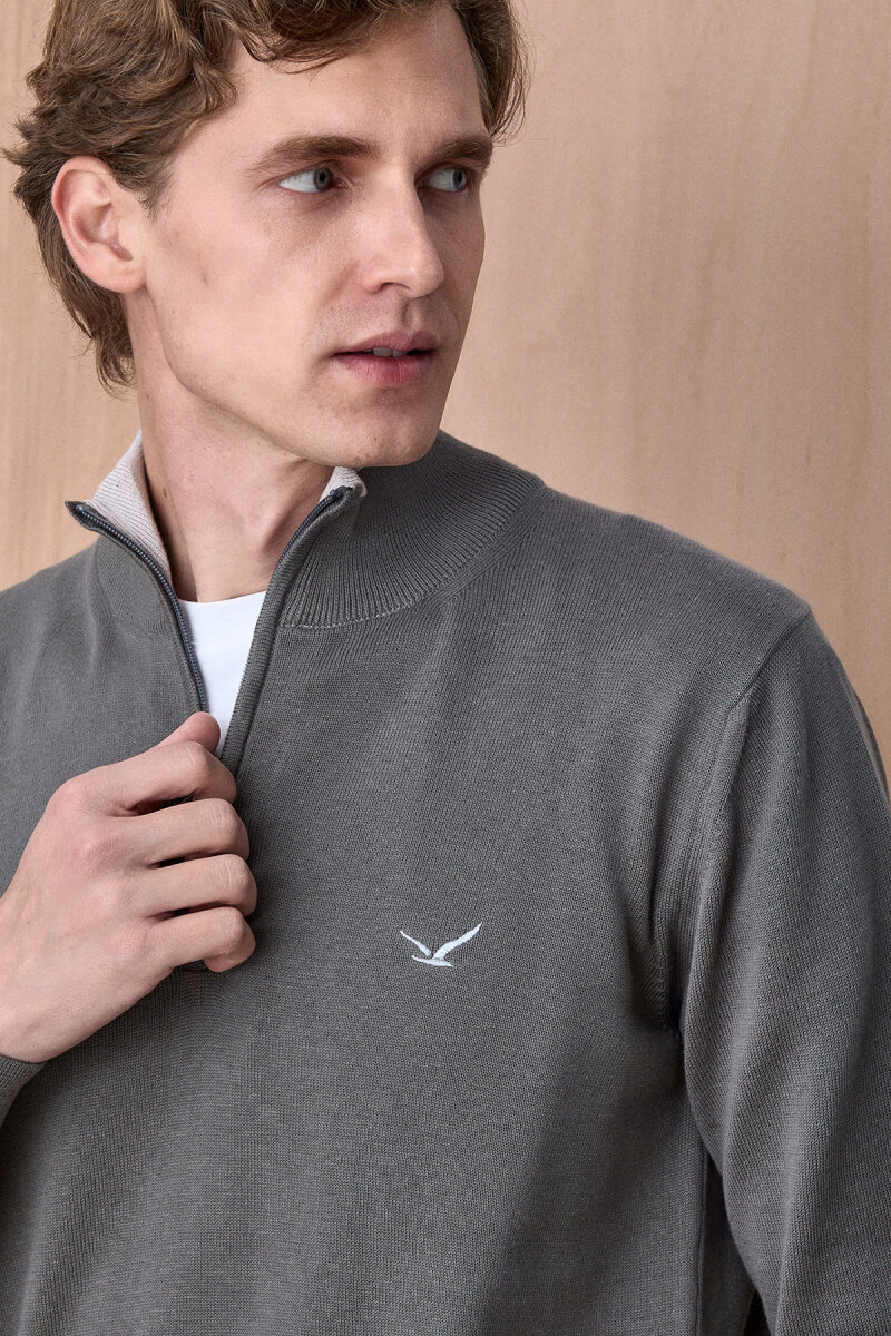 Koyu Bej %100 Pamuk Fermuarlı Kazak (1)