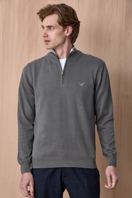 Koyu Bej %100 Pamuk Fermuarlı Kazak - 3