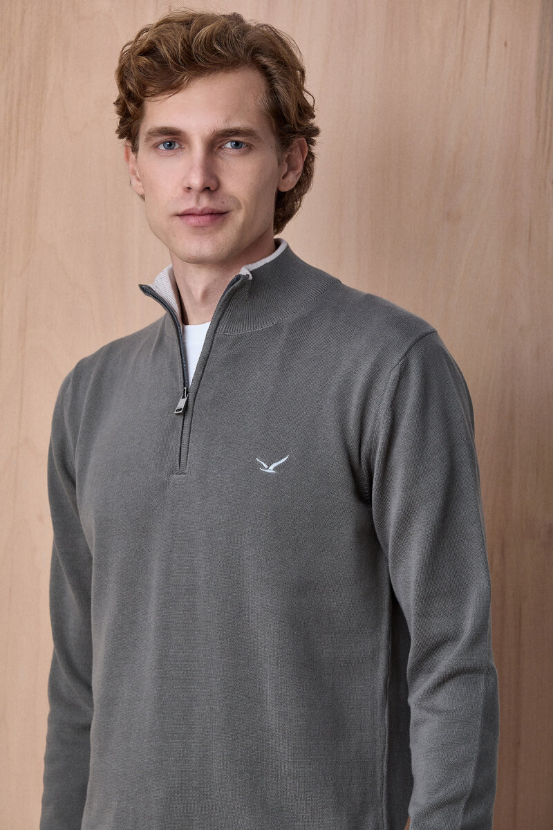 Koyu Bej %100 Pamuk Fermuarlı Kazak - 4