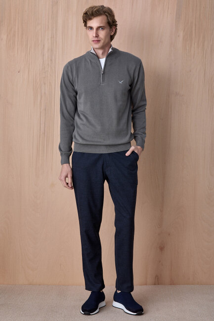 Koyu Bej %100 Pamuk Fermuarlı Kazak - 5