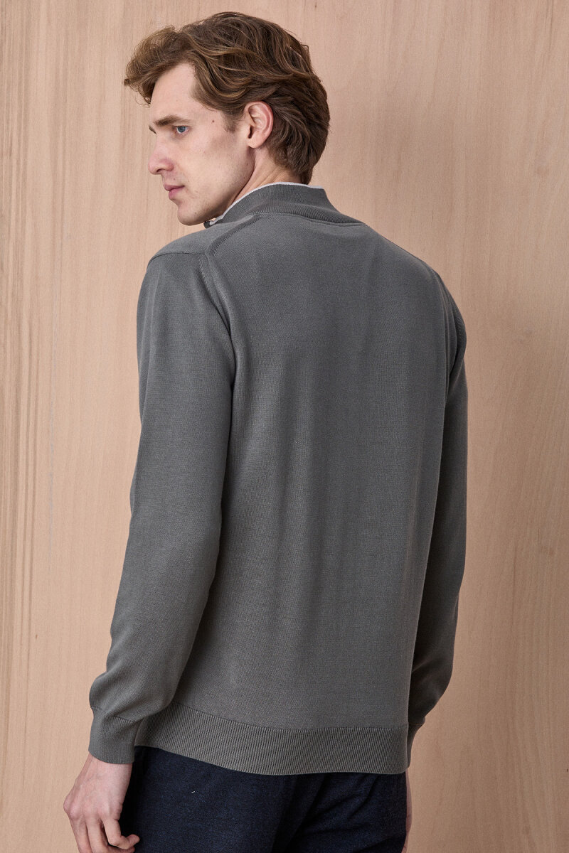 Koyu Bej %100 Pamuk Fermuarlı Kazak - 6