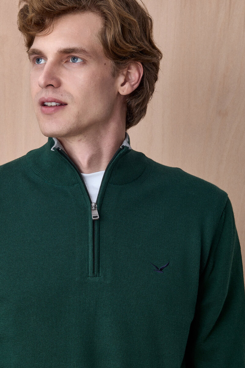 Koyu Yeşil %100 Pamuk Fermuarlı Kazak (1)