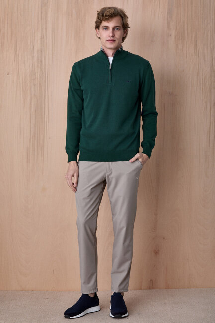 Koyu Yeşil %100 Pamuk Fermuarlı Kazak - 4