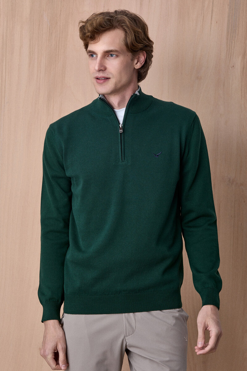 Koyu Yeşil %100 Pamuk Fermuarlı Kazak - 5