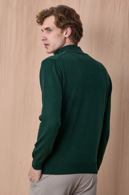 Koyu Yeşil %100 Pamuk Fermuarlı Kazak - 6