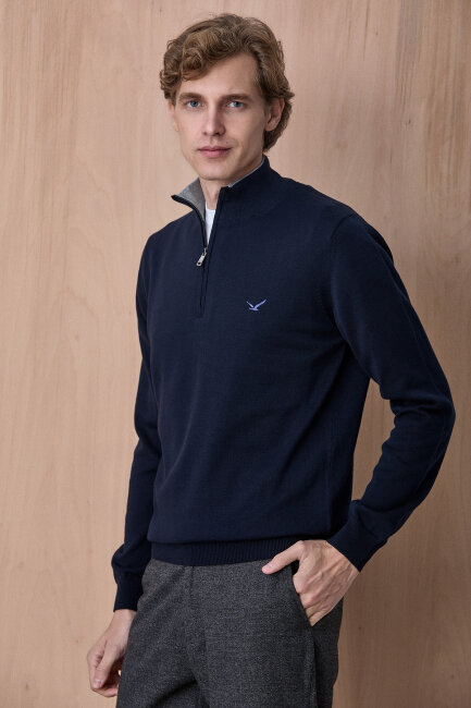 Lacivert %100 Pamuk Fermuarlı Kazak - 4