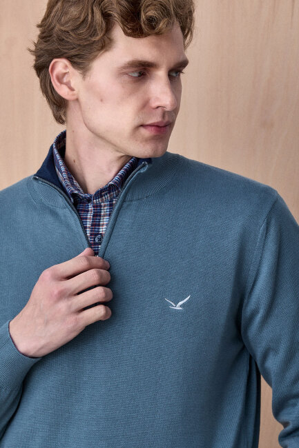 Petrol %100 Pamuk Fermuarlı Kazak (1)