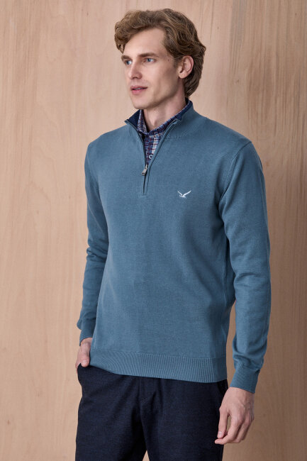 Petrol %100 Pamuk Fermuarlı Kazak - 3