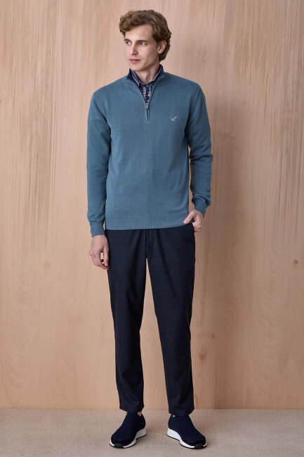 Petrol %100 Pamuk Fermuarlı Kazak - 5