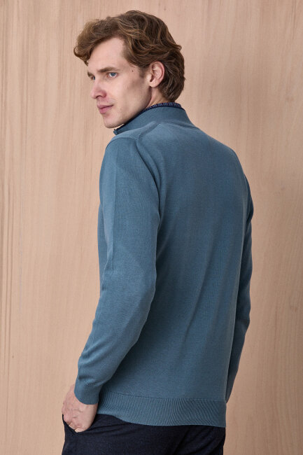 Petrol %100 Pamuk Fermuarlı Kazak - 6