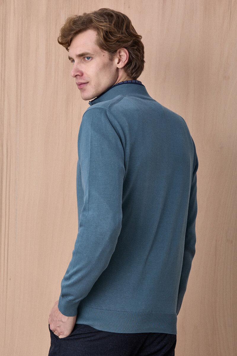 Petrol %100 Pamuk Fermuarlı Kazak - 6