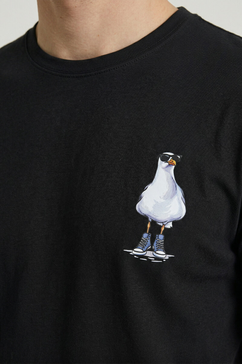 Black Cotton Seagull Print T-shirt - 3