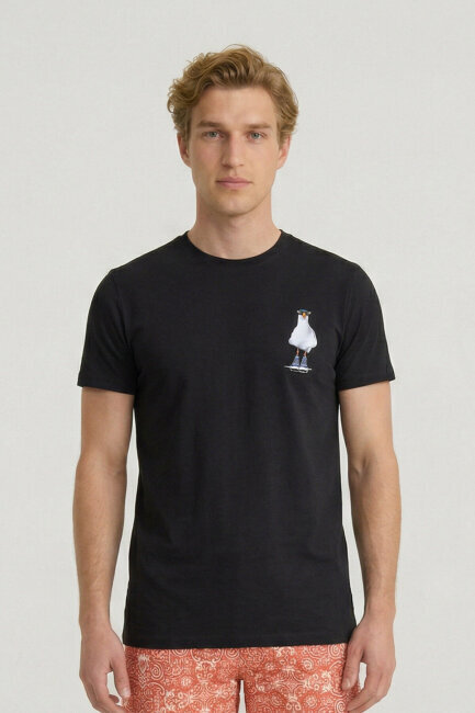 Black Cotton Seagull Print T-shirt 