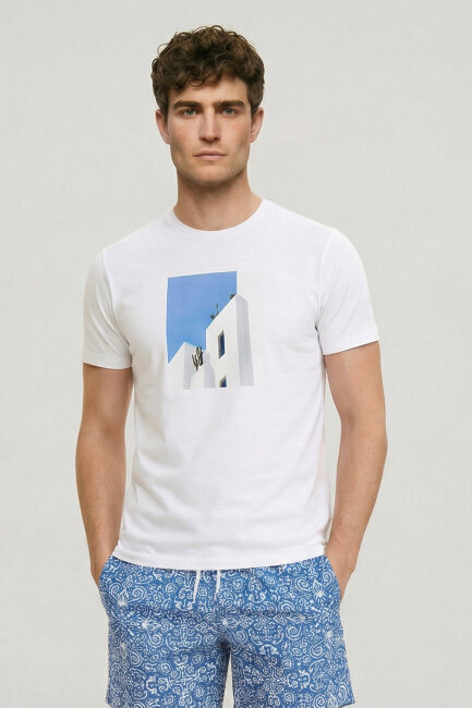 White Cotton Crew Neck Printed T-shirt - 1