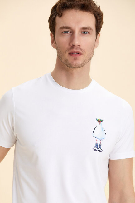 White Cotton Seagull Print T-shirt - 1