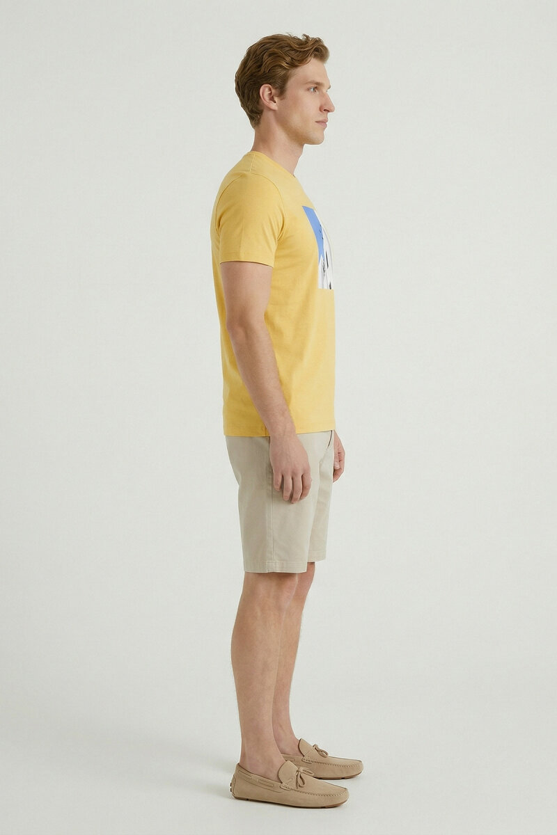 Yellow Cotton Crew Neck Printed T-Shirt - 4
