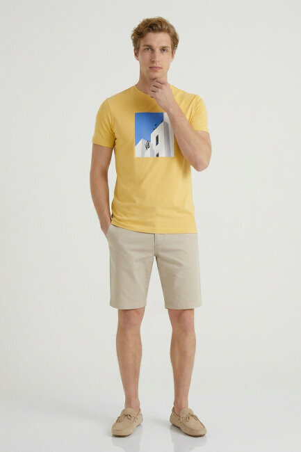Yellow Cotton Crew Neck Printed T-Shirt - 2