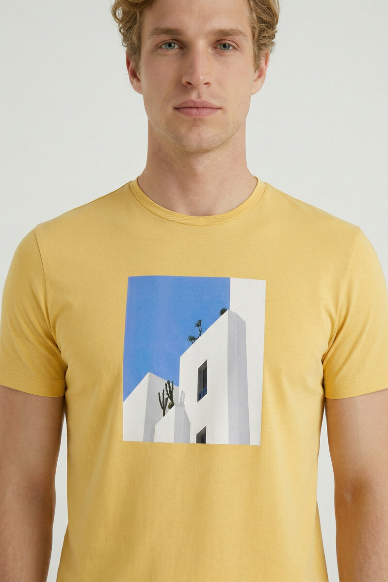 Yellow Cotton Crew Neck Printed T-Shirt - 3