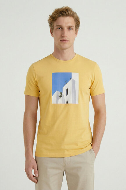 Yellow Cotton Crew Neck Printed T-Shirt 