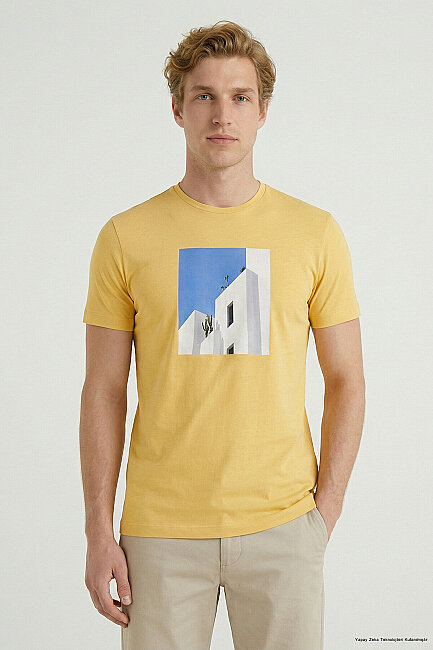 Yellow Cotton Crew Neck Printed T-Shirt