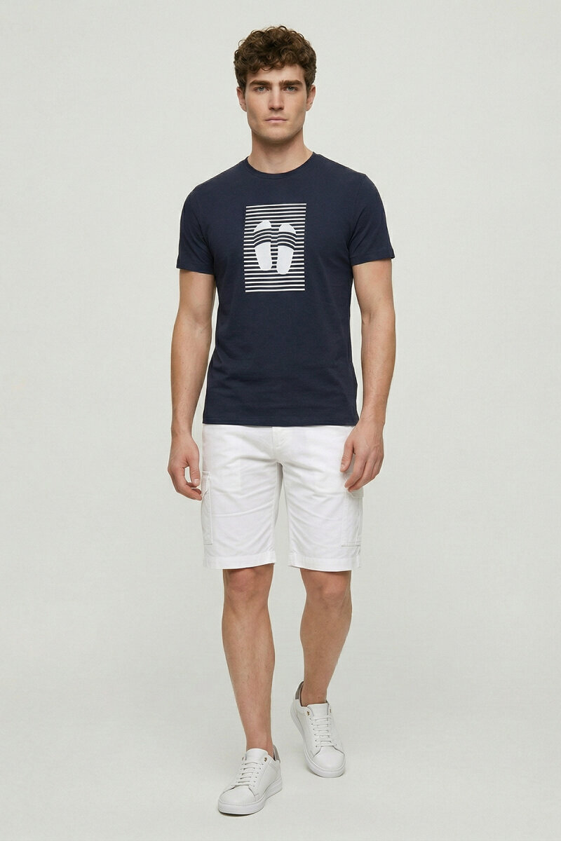 Navy Blue Cotton Printed T-shirt - 5