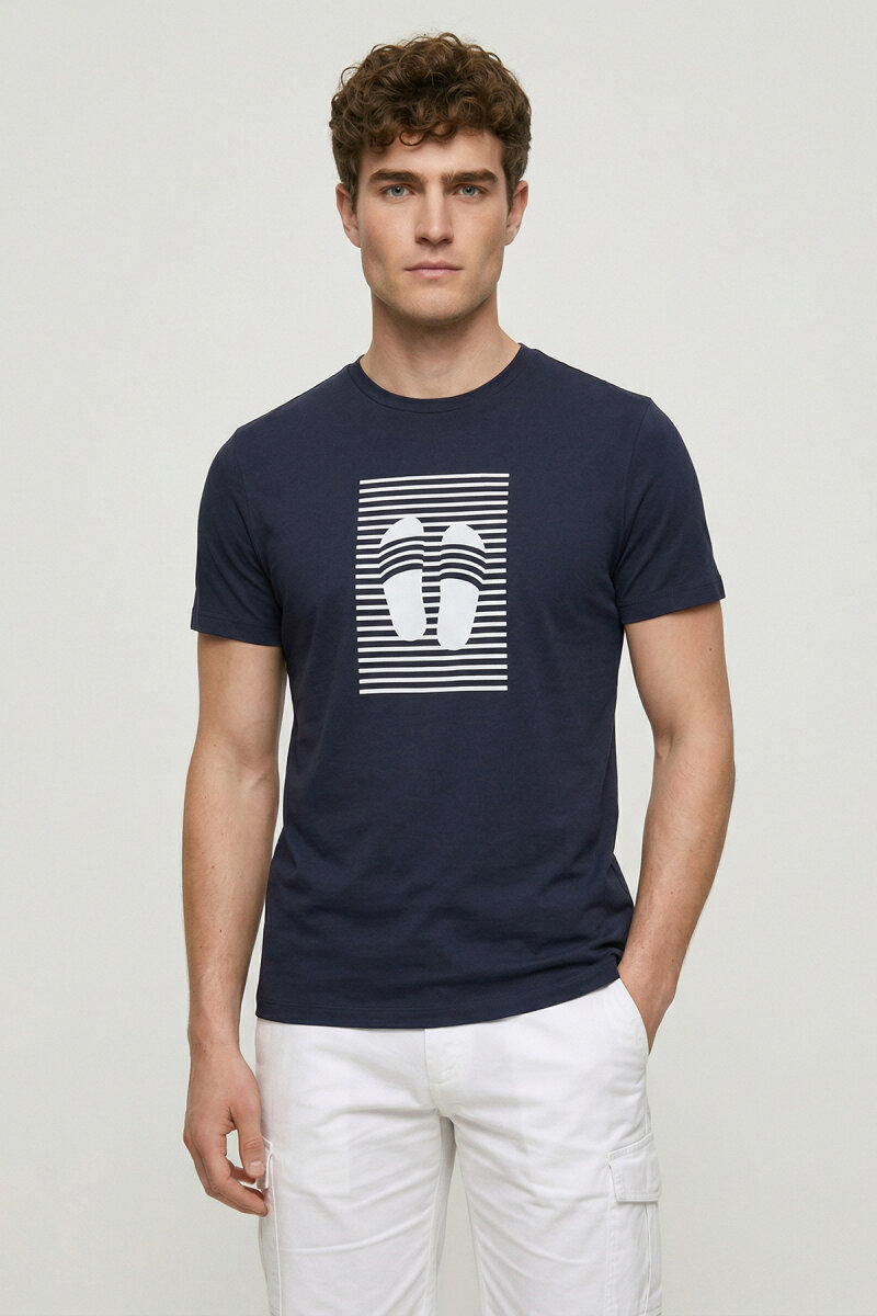 Navy Blue Cotton Printed T-shirt - 1