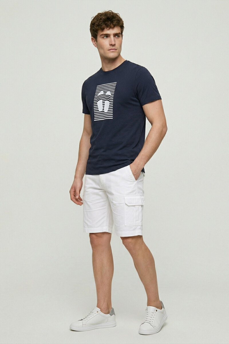 Navy Blue Cotton Printed T-shirt - 2