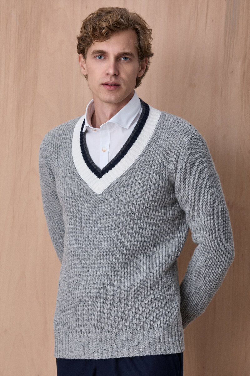 Grey 100% Cotton V-Neck Sweater