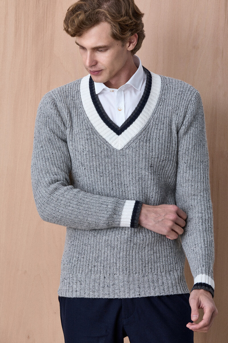 Grey 100% Cotton V-Neck Sweater (1)