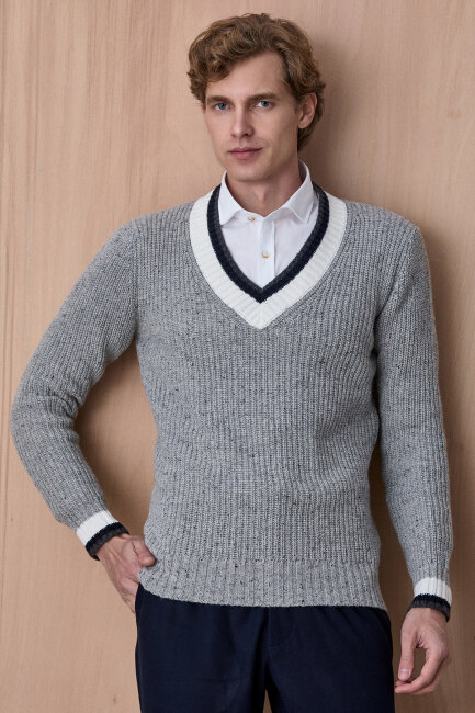 Gri %100 Pamuk V Yaka Kazak - 5