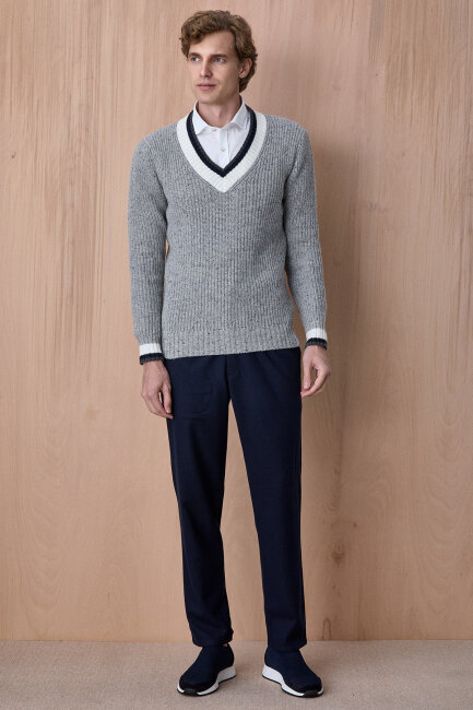 Gri %100 Pamuk V Yaka Kazak - 3