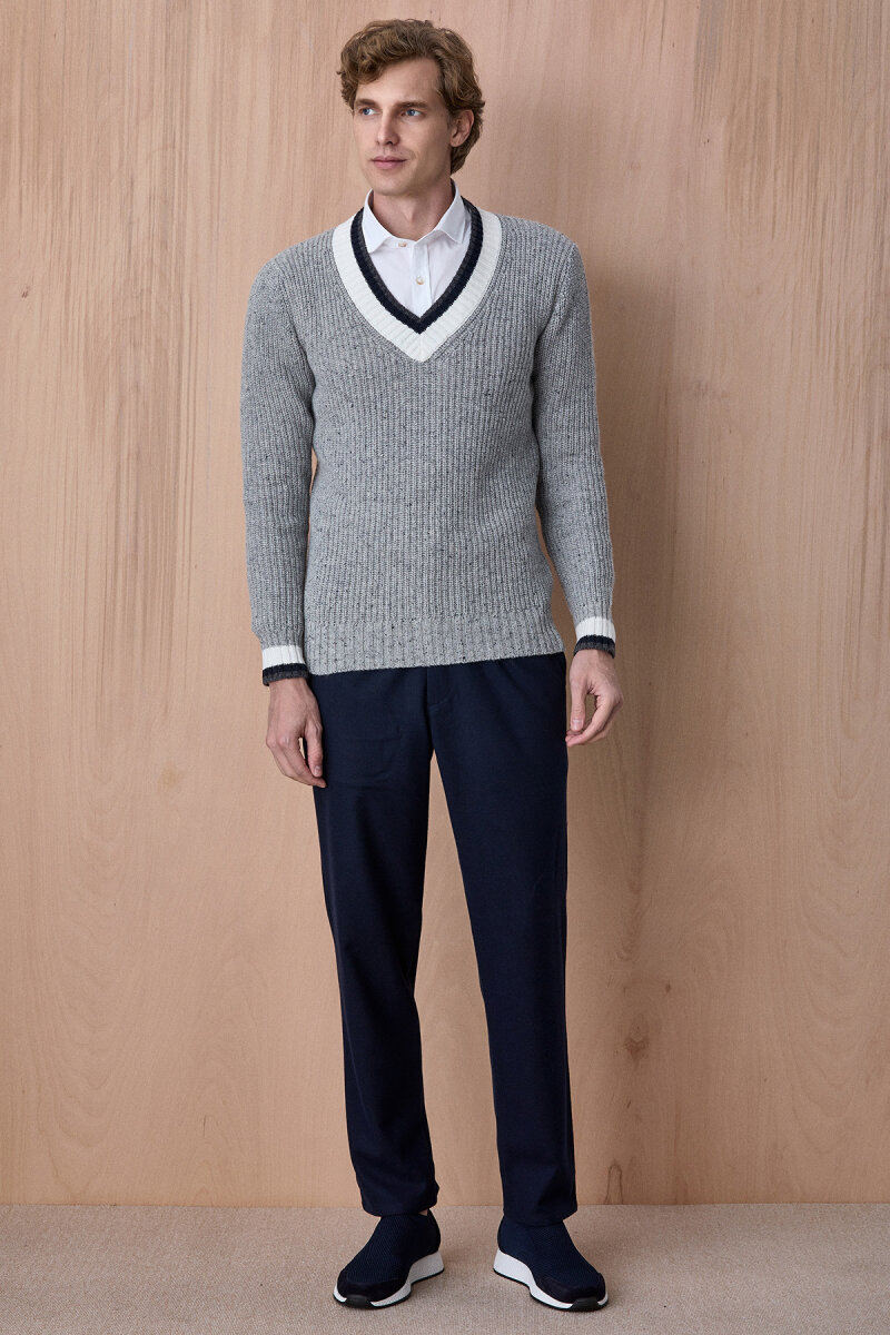 Gri %100 Pamuk V Yaka Kazak - 3