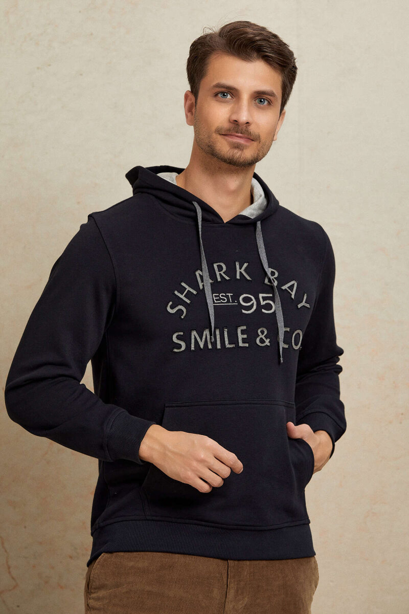 Navy Blue 100% Cotton Hooded Sweatshirt - 5