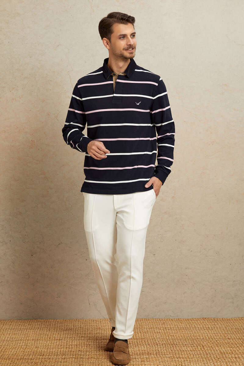 Navy Blue - Pink 100% Cotton Velvet Collar Sweatshirt - 3