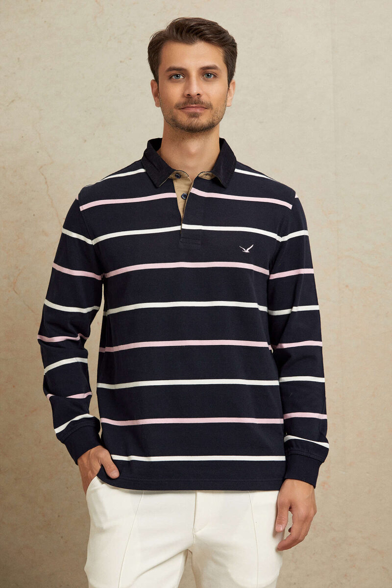 Navy Blue - Pink 100% Cotton Velvet Collar Sweatshirt - 5