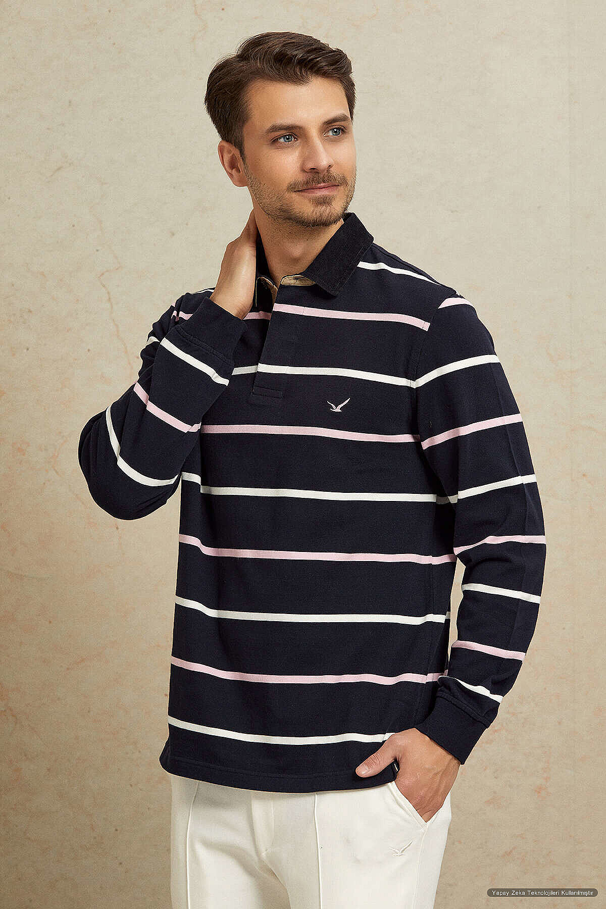Navy Blue - Pink 100% Cotton Velvet Collar Sweatshirt - 1