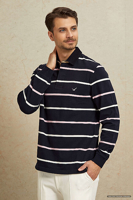 Navy Blue - Pink 100% Cotton Velvet Collar Sweatshirt - 1