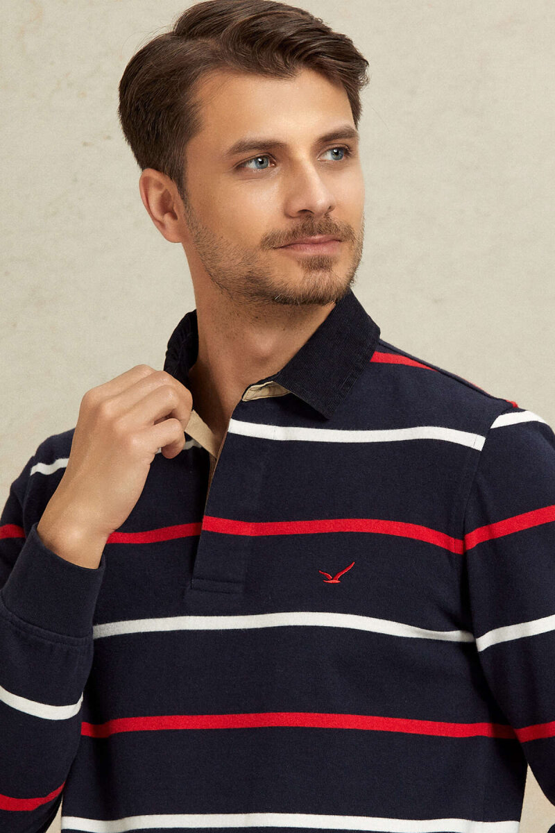 Navy Blue - Red 100% Cotton Velvet Collar Sweatshirt (1)