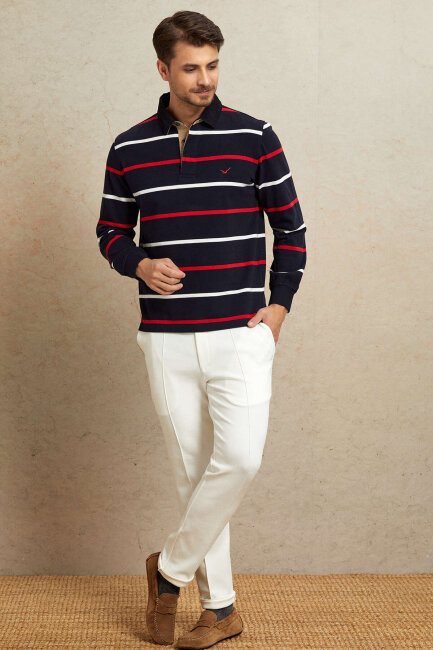 Navy Blue - Red 100% Cotton Velvet Collar Sweatshirt - 3