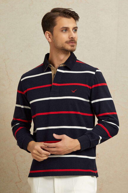 Navy Blue - Red 100% Cotton Velvet Collar Sweatshirt - 4