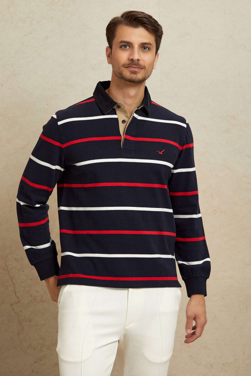 Navy Blue - Red 100% Cotton Velvet Collar Sweatshirt - 5