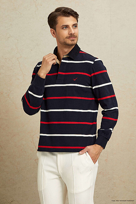 Navy Blue - Red 100% Cotton Velvet Collar Sweatshirt - 2
