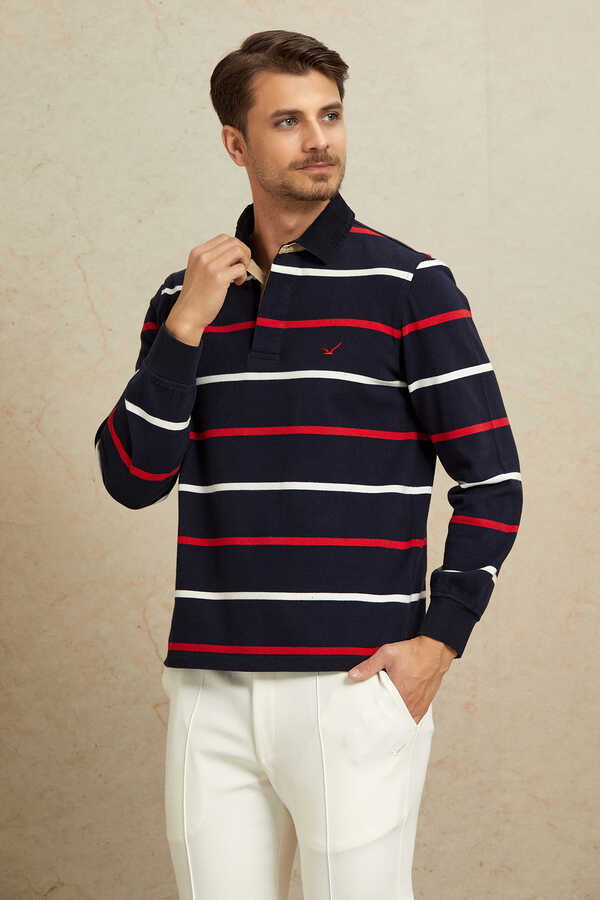 Navy Blue - Red 100% Cotton Velvet Collar Sweatshirt