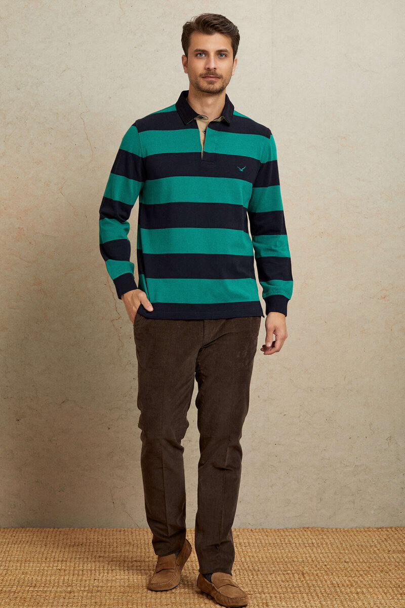 Navy Blue - Green 100% Cotton Velvet Collar Sweatshirt - 3