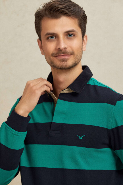 Navy Blue - Green 100% Cotton Velvet Collar Sweatshirt - 4