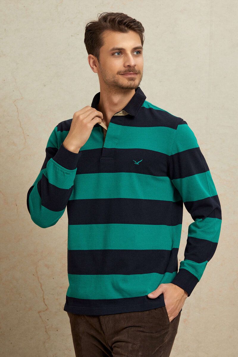 Navy Blue - Green 100% Cotton Velvet Collar Sweatshirt - 5