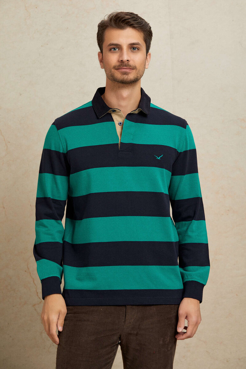 Navy Blue - Green 100% Cotton Velvet Collar Sweatshirt - 6