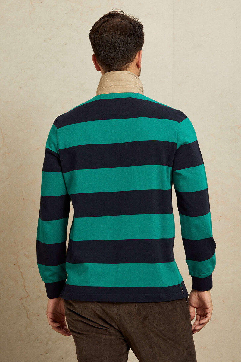 Navy Blue - Green 100% Cotton Velvet Collar Sweatshirt - 7